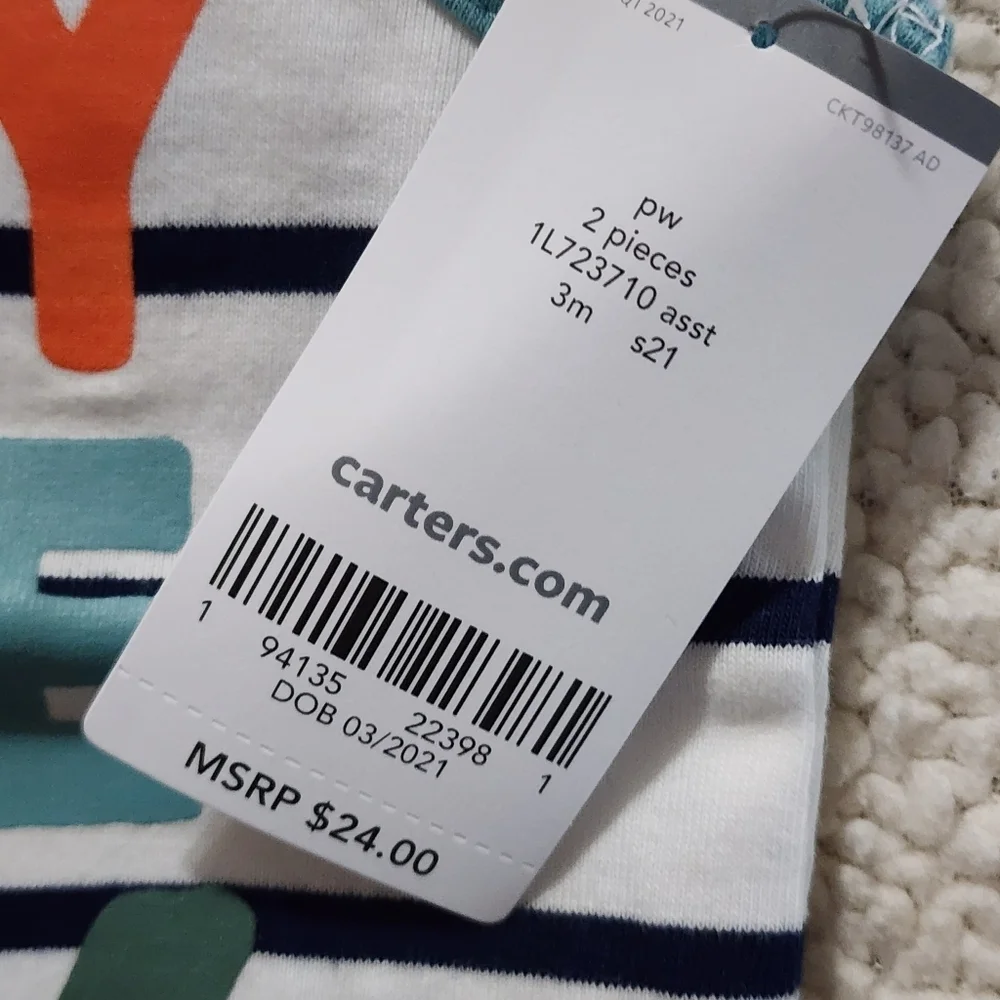 Carter's White Striped Tank and Navy Blue Shorts Set Size 3 Mo NWT
